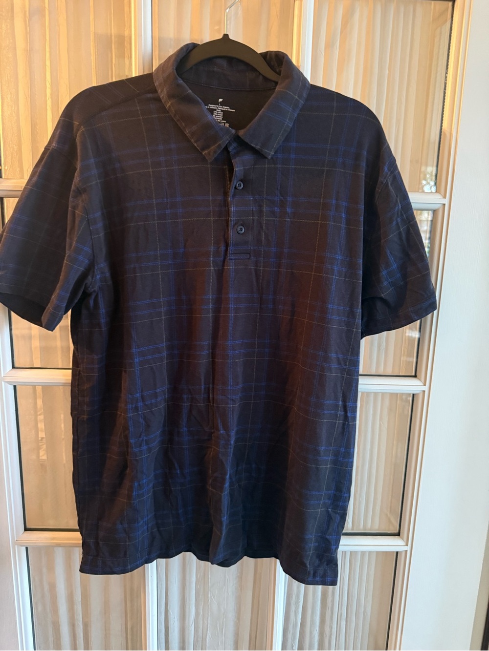 Fabletics Men's Large Navy Plaid Short-Sleeve Performance Polo Golf Shirt